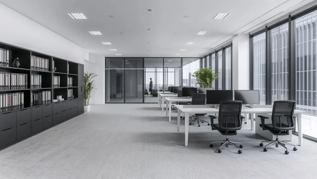 bright and minimalist office with modern desk configuration photo 1